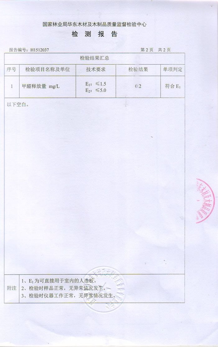 甲醛检测报告15.12.15日（华东木材检测中心）